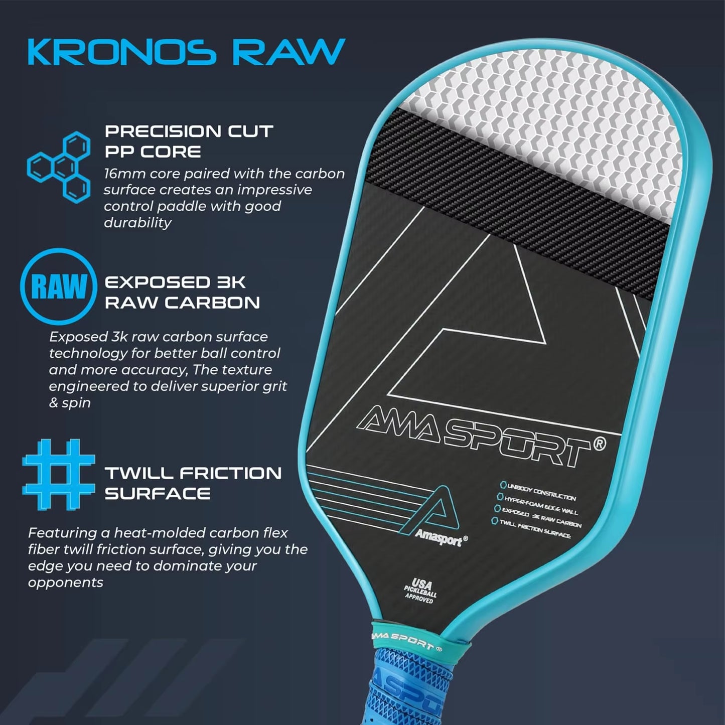 Pickleball Paddle with Cover 3K Carbon Friction Textured Surface Thermoforming Pickleball Racket for Advanced Players